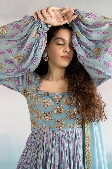 EASE Blue Viscose Organza, Pure Crepe Floral Scoop Neck Printed Anarkali With Dupatta Online at Aza Fashions EASE_Blue Viscose Organza, Pure Crepe Floral Scoop Neck Printed Anarkali With Dupatta _Online_at_Aza_Fashions