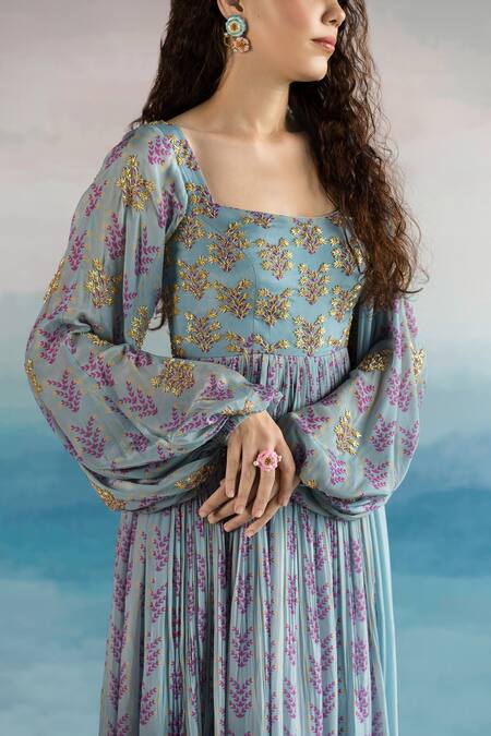 Buy EASE Blue Viscose Organza, Pure Crepe Floral Scoop Neck Printed Anarkali With Dupatta Online at Aza Fashions Buy_EASE_Blue Viscose Organza, Pure Crepe Floral Scoop Neck Printed Anarkali With Dupatta _Online_at_Aza_Fashions