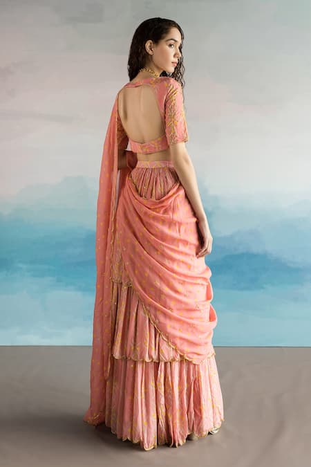 Shop EASE Pink Viscose Organza, Pure Crepe Floral V Neck Printed Ghagara Saree With Blouse at Aza Fashions Shop_EASE_Pink Viscose Organza, Pure Crepe Floral V Neck Printed Ghagara Saree With Blouse _at_Aza_Fashions