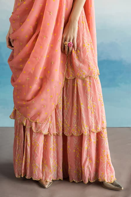 Buy EASE Pink Viscose Organza, Pure Crepe Floral V Neck Printed Ghagara Saree With Blouse Online at Aza Fashions Buy_EASE_Pink Viscose Organza, Pure Crepe Floral V Neck Printed Ghagara Saree With Blouse _Online_at_Aza_Fashions