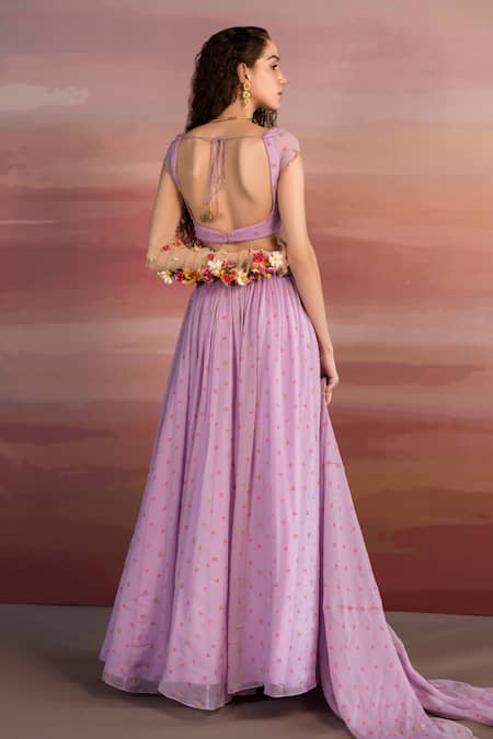 Shop EASE Purple Viscose Organza Floral Sweetheart Neck Print Lehenga Set at Aza Fashions Shop_EASE_Purple Viscose Organza Floral Sweetheart Neck Print Lehenga Set _at_Aza_Fashions