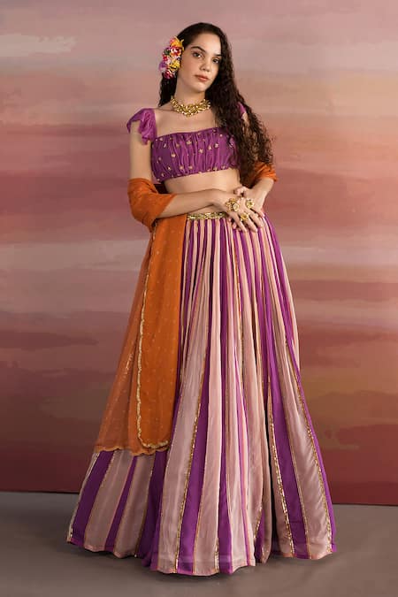 EASE Purple Viscose Organza, Pure Crepe Sequin Square Neck Striped Lehenga Set