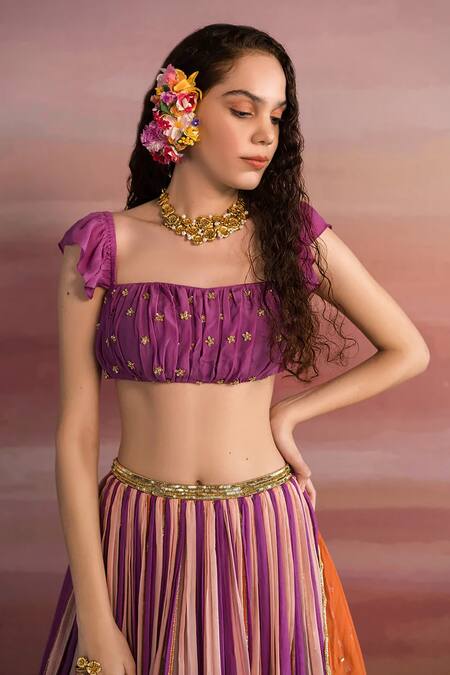 EASE Purple Viscose Organza, Pure Crepe Sequin Square Neck Striped Lehenga Set Online at Aza Fashions EASE_Purple Viscose Organza, Pure Crepe Sequin Square Neck Striped Lehenga Set _Online_at_Aza_Fashions