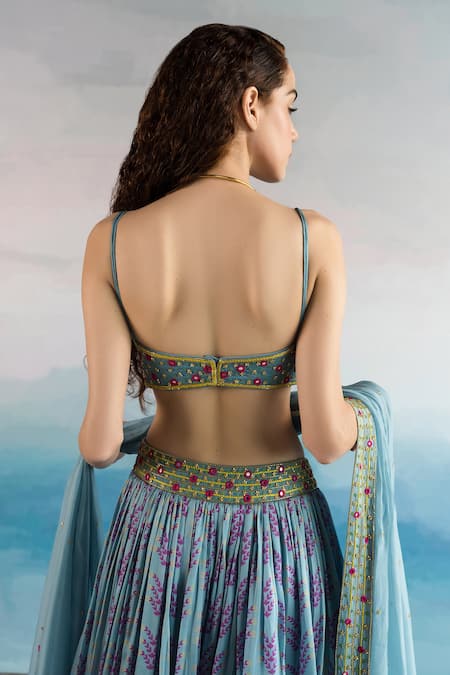 Shop EASE Blue Viscose Organza, Pure Crepe Floral V Neck Print Lehenga Set at Aza Fashions Shop_EASE_Blue Viscose Organza, Pure Crepe Floral V Neck Print Lehenga Set _at_Aza_Fashions