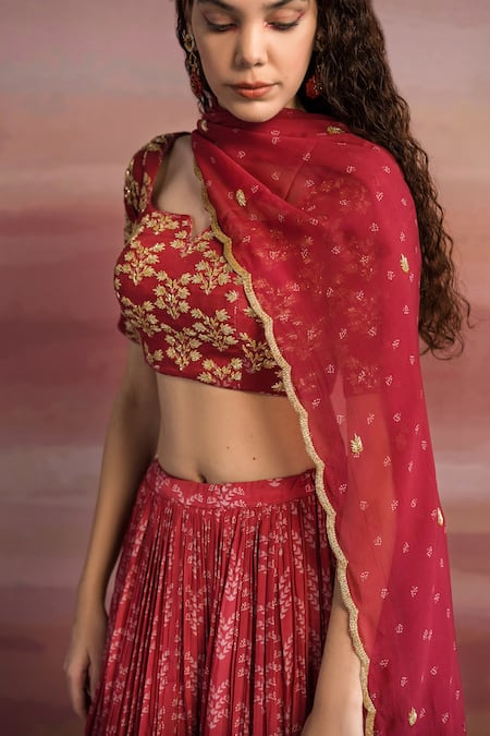 Shop EASE Maroon Viscose Organza, Pure Crepe Floral Notched Print Lehenga Set at Aza Fashions Shop_EASE_Maroon Viscose Organza, Pure Crepe Floral Notched Print Lehenga Set _at_Aza_Fashions