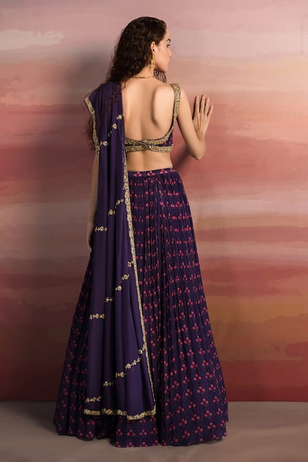 Shop EASE Purple Georgette, Viscose Organza Floral Leaf Neck Print Lehenga Set at Aza Fashions Shop_EASE_Purple Georgette, Viscose Organza Floral Leaf Neck Print Lehenga Set _at_Aza_Fashions