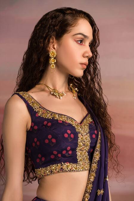 EASE Purple Georgette, Viscose Organza Floral Leaf Neck Print Lehenga Set Online at Aza Fashions EASE_Purple Georgette, Viscose Organza Floral Leaf Neck Print Lehenga Set _Online_at_Aza_Fashions