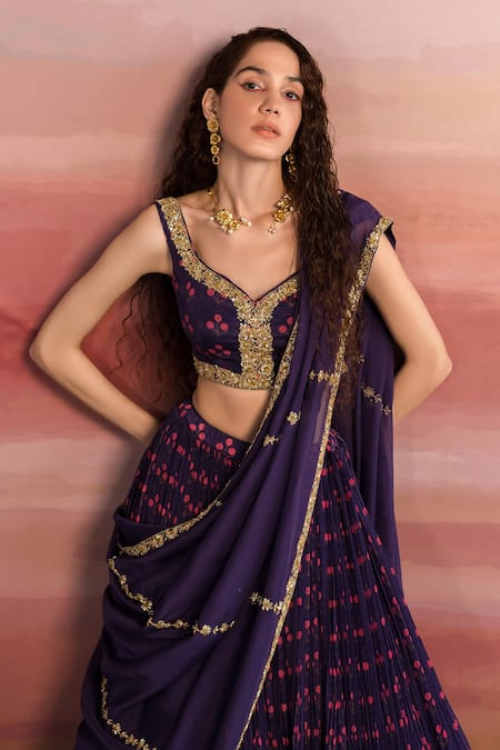 Buy EASE Purple Georgette, Viscose Organza Floral Leaf Neck Print Lehenga Set Online at Aza Fashions Buy_EASE_Purple Georgette, Viscose Organza Floral Leaf Neck Print Lehenga Set _Online_at_Aza_Fashions
