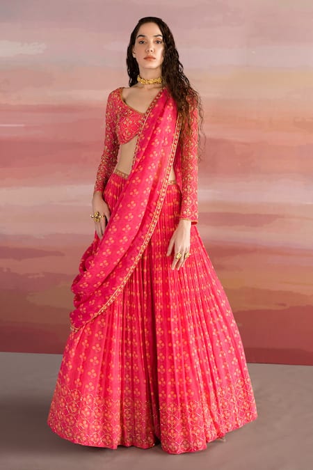 EASE Pink Georgette, Viscose Organza Floral V Neck Print Lehenga Set