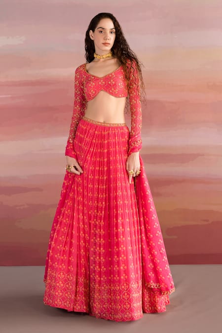 Shop EASE Pink Georgette, Viscose Organza Floral V Neck Print Lehenga Set at Aza Fashions Shop_EASE_Pink Georgette, Viscose Organza Floral V Neck Print Lehenga Set _at_Aza_Fashions