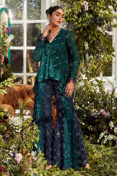 Rococo Green Net Bead Work, Cutdana Work, Sequins Seher Embroidered Tunic And Sharara Set