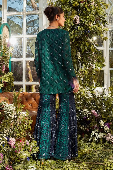 Shop Rococo Green Net Bead Work, Cutdana Work, Sequins Seher Embroidered Tunic And Sharara Set at Aza Fashions Shop_Rococo_Green Net Bead Work, Cutdana Work, Sequins Seher Embroidered Tunic And Sharara Set _at_Aza_Fashions