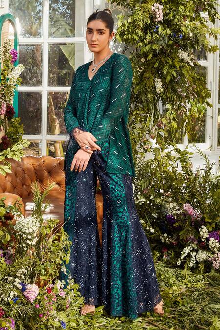 Rococo Green Net Bead Work, Cutdana Work, Sequins Seher Embroidered Tunic And Sharara Set Online at Aza Fashions Rococo_Green Net Bead Work, Cutdana Work, Sequins Seher Embroidered Tunic And Sharara Set _Online_at_Aza_Fashions