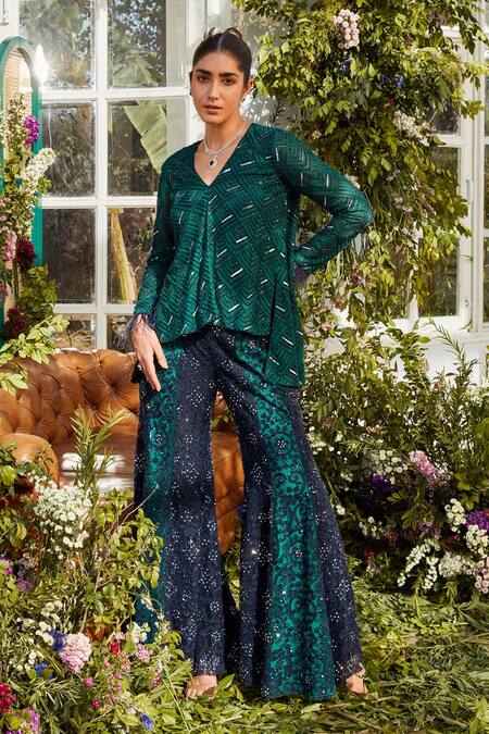Buy Rococo Green Net Bead Work, Cutdana Work, Sequins Seher Embroidered Tunic And Sharara Set Online at Aza Fashions Buy_Rococo_Green Net Bead Work, Cutdana Work, Sequins Seher Embroidered Tunic And Sharara Set _Online_at_Aza_Fashions