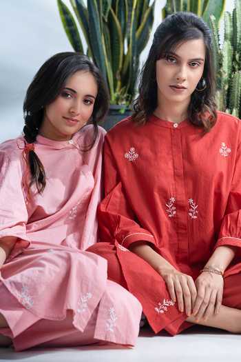Pants And Pajamas Red Cotton Embroidery Bandeau Neck Claret Tunic Shirt Online at Aza Fashions Pants And Pajamas_Red Cotton Embroidery Bandeau Neck Claret Tunic Shirt_Online_at_Aza_Fashions