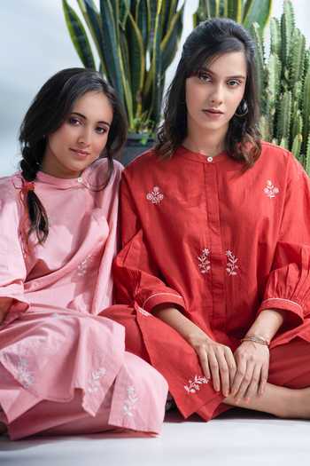 Buy_Pants And Pajamas_Red Cotton Embroidery Round Neck Claret Chikankari Shirt Tunic And Pant Set_Online_at_Aza_Fashions