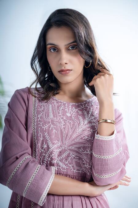 Pants And Pajamas_Purple Cotton Lace Round Neck Mauve Chikankari A-line Kurta And Pant Set_Online_at_Aza_Fashions
