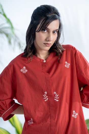 Shop_Pants And Pajamas_Red Cotton Embroidery Round Neck Claret Chikankari Shirt Tunic And Pant Set_Online_at_Aza_Fashions