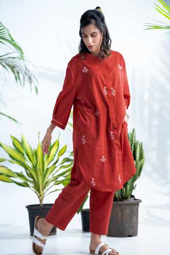 Shop Pants And Pajamas Red Cotton Embroidery Bandeau Neck Claret Tunic Shirt Online at Aza Fashions Shop_Pants And Pajamas_Red Cotton Embroidery Bandeau Neck Claret Tunic Shirt_Online_at_Aza_Fashions