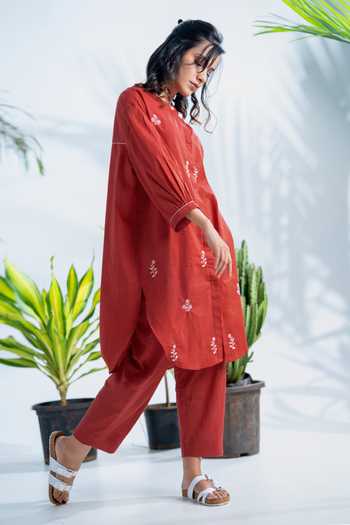Pants And Pajamas Red Cotton Embroidery Bandeau Neck Claret Tunic Shirt at Aza Fashions Pants And Pajamas_Red Cotton Embroidery Bandeau Neck Claret Tunic Shirt_at_Aza_Fashions