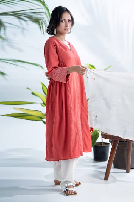 Pants And Pajamas Red Handloom Cotton, Chanderi Embroidery V-neck Handwoven Kurta Set Online at Aza Fashions Pants And Pajamas_Red Handloom Cotton, Chanderi Embroidery V-neck Handwoven Kurta Set _Online_at_Aza_Fashions