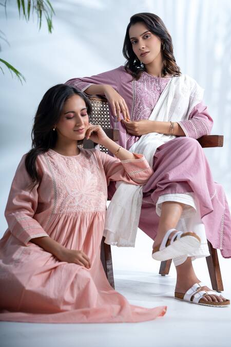 Shop Pants And Pajamas Purple Cotton Lace, Embroidery Round Neck Chikankari Yoke Anarkali Online at Aza Fashions Shop_Pants And Pajamas_Purple Cotton Lace, Embroidery Round Neck Chikankari Yoke Anarkali_Online_at_Aza_Fashions