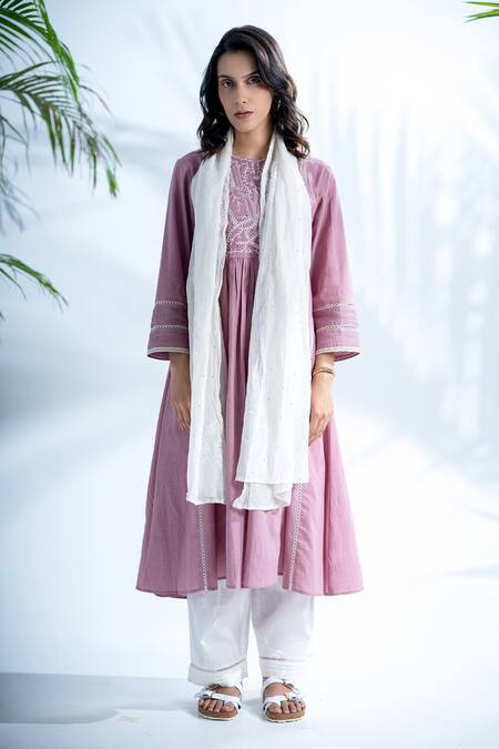 Pants And Pajamas Purple Cotton Lace, Embroidery Round Neck Chikankari Yoke Anarkali at Aza Fashions Pants And Pajamas_Purple Cotton Lace, Embroidery Round Neck Chikankari Yoke Anarkali_at_Aza_Fashions
