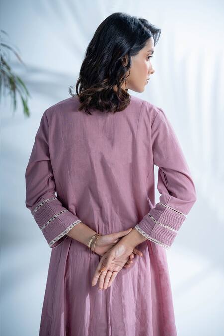 Shop_Pants And Pajamas_Purple Cotton Lace Round Neck Mauve Chikankari A-line Kurta And Pant Set_Online_at_Aza_Fashions