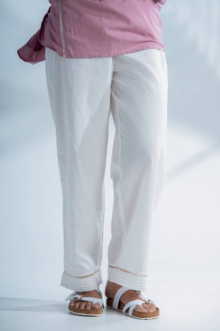 Pants And Pajamas_Purple Cotton Lace Round Neck Mauve Chikankari A-line Kurta And Pant Set_at_Aza_Fashions