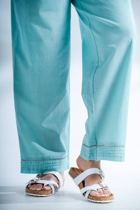 Pants And Pajamas_Blue Cotton Lace Misty Pintucked Bordered Pant_Online_at_Aza_Fashions