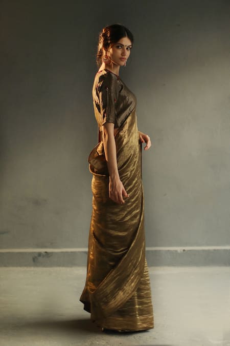 Begum_Grey Tissue Embroidery Round Saree With Blouse _Online_at_Aza_Fashions
