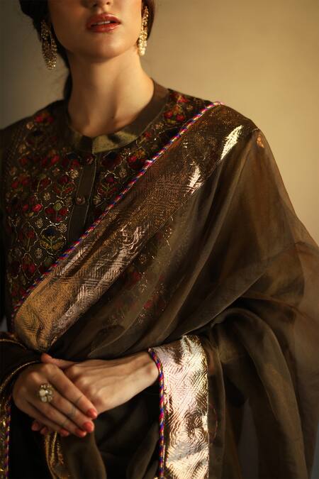 Buy_Begum_Grey Tissue Embroidery Round Saree With Blouse _Online_at_Aza_Fashions