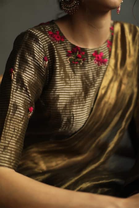 Shop_Begum_Grey Tissue Embroidery Round Saree With Blouse _Online_at_Aza_Fashions