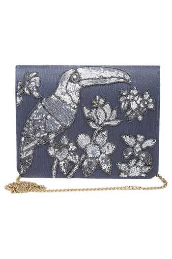 Buy_The Purple Sack_Gray Embroidery, Sequins Grey Flap Clutch With Sling _Online_at_Aza_Fashions