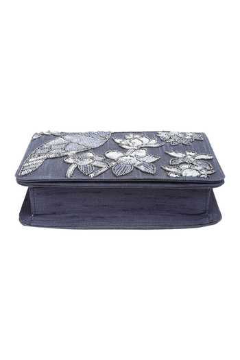 The Purple Sack_Gray Embroidery, Sequins Grey Flap Clutch With Sling _at_Aza_Fashions