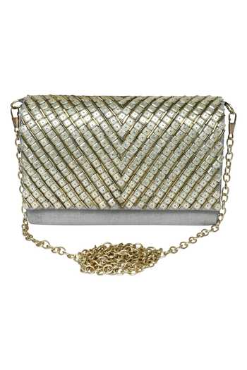 The Purple Sack_Gray Embroidery Grey Flap Clutch _Online_at_Aza_Fashions