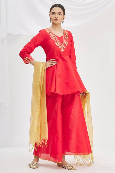 Samyukta Singhania_Red Short Peplum Kurta And Pant Set_Online_at_Aza_Fashions