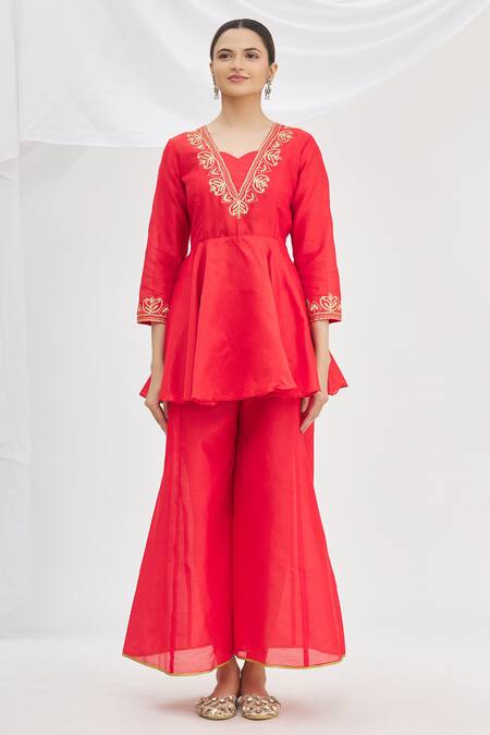 Buy_Samyukta Singhania_Red Short Peplum Kurta And Pant Set_Online_at_Aza_Fashions