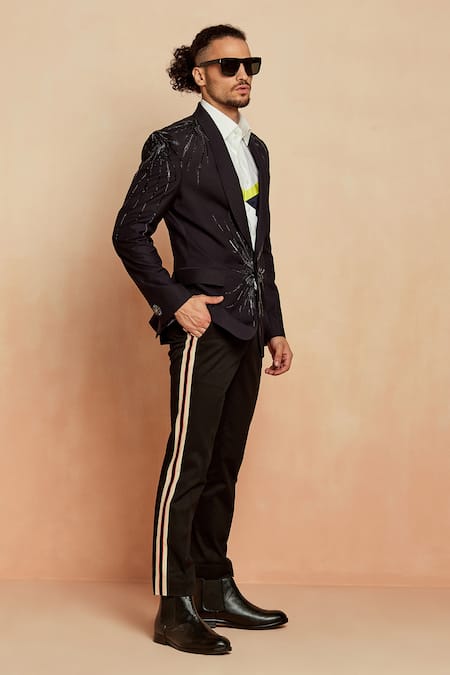 Seven_Black Italian Fabric Cutdana Embroidered Blazer_Online_at_Aza_Fashions