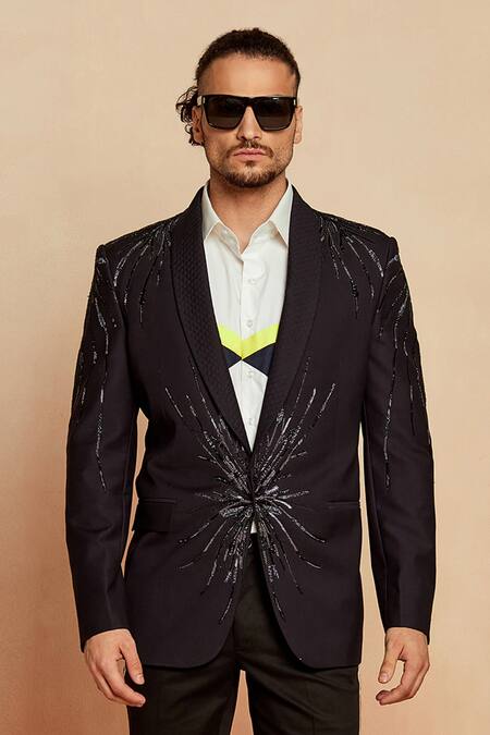 Buy_Seven_Black Italian Fabric Cutdana Embroidered Blazer_Online_at_Aza_Fashions