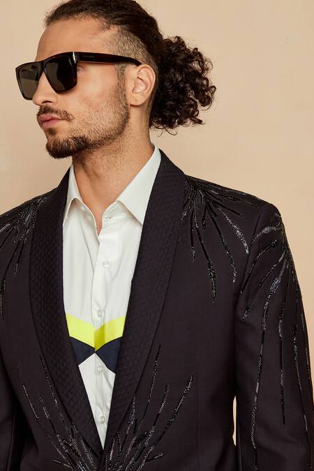 Seven_Black Italian Fabric Cutdana Embroidered Blazer_at_Aza_Fashions