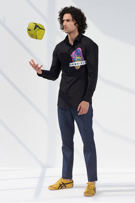 Seven_Black Cotton Satin Graphic Shirt_Online_at_Aza_Fashions