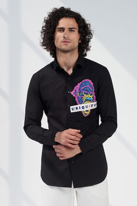 Shop_Seven_Black Cotton Satin Graphic Shirt_Online_at_Aza_Fashions