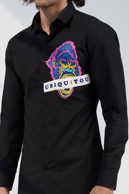 Seven_Black Cotton Satin Graphic Shirt_at_Aza_Fashions