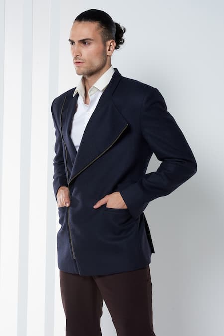 Seven_Blue Wool Asymmetric Jacket_Online_at_Aza_Fashions