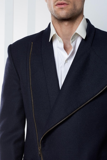 Shop_Seven_Blue Wool Asymmetric Jacket_Online_at_Aza_Fashions