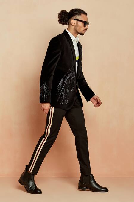 Seven_Black Italian Velvet Cutdana Blazer_Online_at_Aza_Fashions