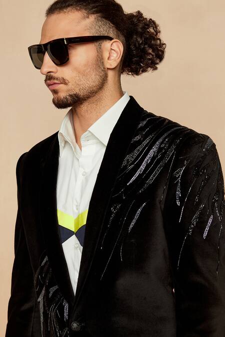 Buy_Seven_Black Italian Velvet Cutdana Blazer_Online_at_Aza_Fashions