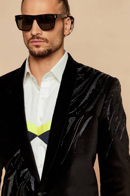 Shop_Seven_Black Italian Velvet Cutdana Blazer_Online_at_Aza_Fashions