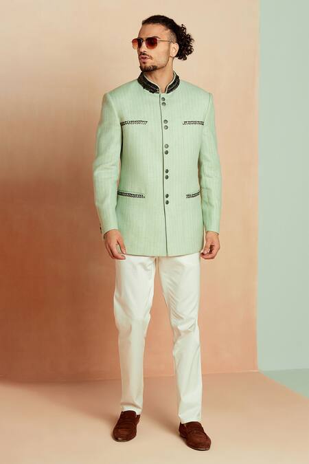 Seven_Green Matka Silk Thread And Sequin Bandhgala & Pant Set_Online_at_Aza_Fashions